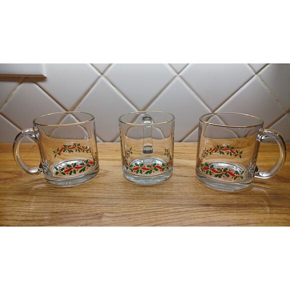 Set of 3 Vintage Christmas Holiday Holly‎ Leaf and Ribbon Glass Mug 12 oz - Picture 1 of 4